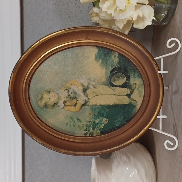 Antique Oval Wood Frame Vintage Wood Frame Art Print Boy & Dog Oval Shadow Box - Picture 1 of 16